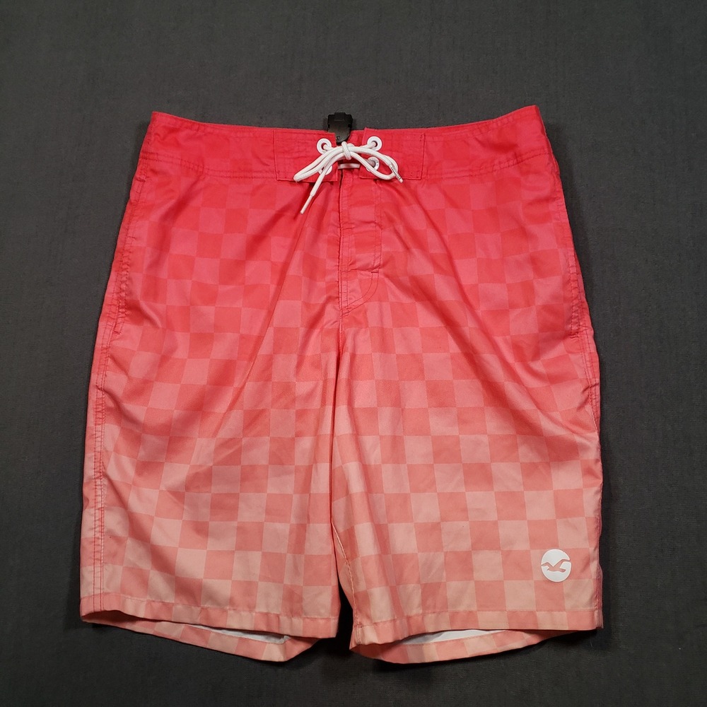 Hollister Board Shorts‎ Mens 32 Red Pink Ombre Checkered Swim Trunks